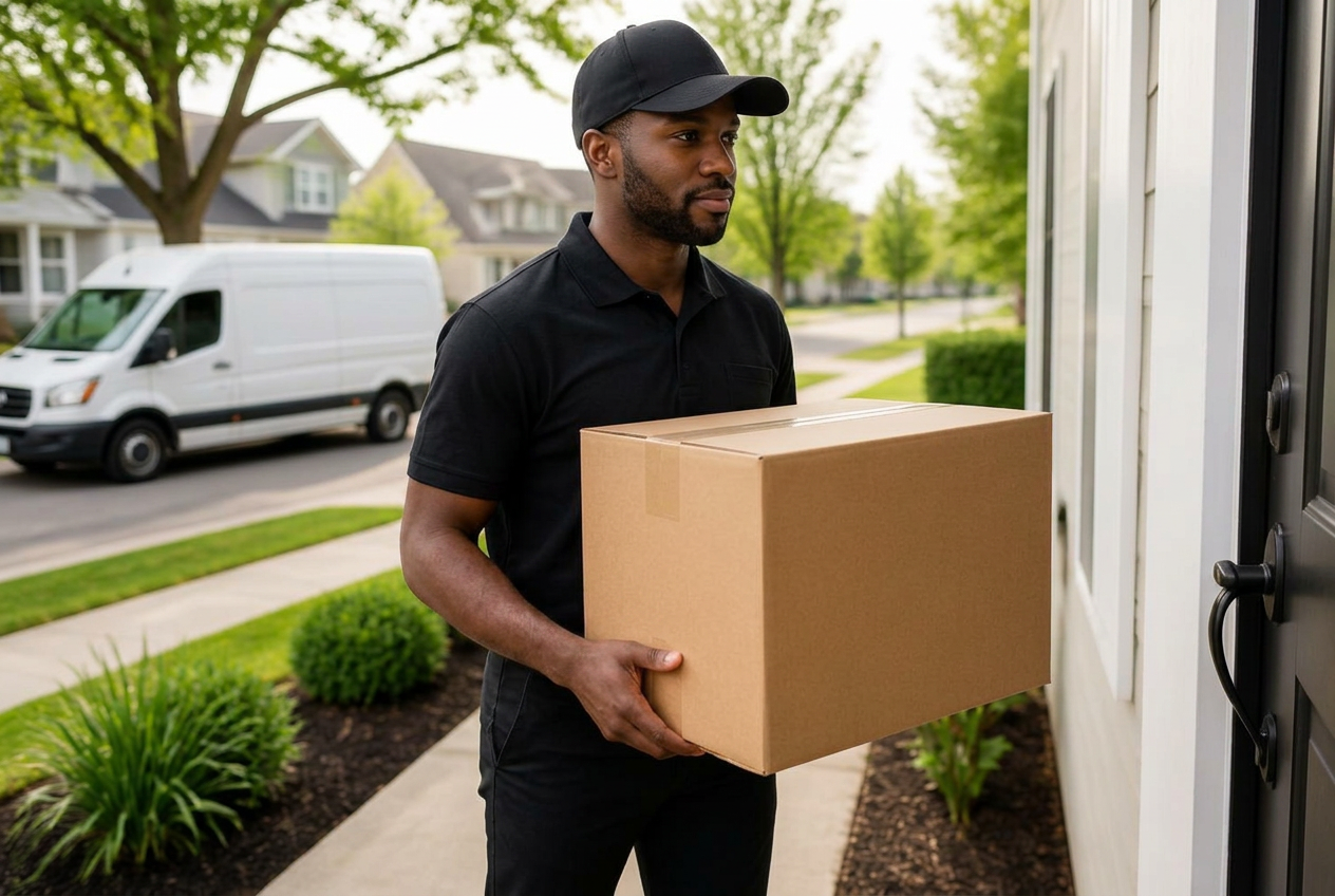 NSL delivery driver carrying a box to a residential front door