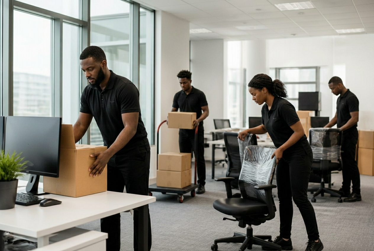 Professional office movers relocating desks and equipment